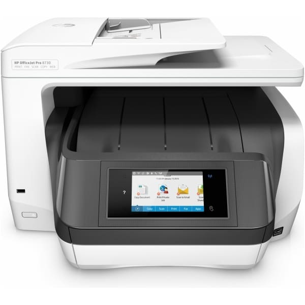 HP OfficeJet Pro 8730 All-in-One Printer, Print, copy, scan, fax, 50-sheet ADF; Front-facing USB printing; Scan to email/PDF; Two-sided printing