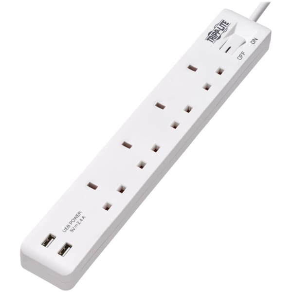 Tripp Lite PS4B18USBW 4-Outlet Power Strip with USB-A Charging - BS1363A Outlets, 220-250V, 13A, 1.8 m Cord, BS1363A Plug, White