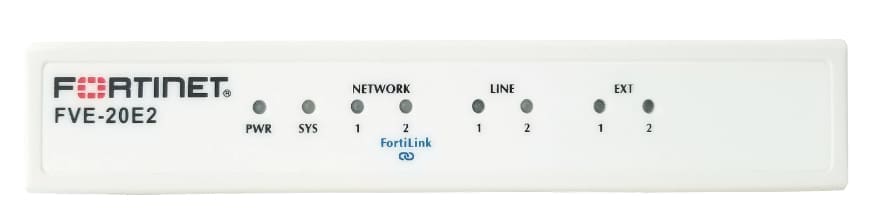 Fortinet FortiVoice-20E2, 2 x 10/100 ports, 2 x FXO, 2 x FXS, 8GB storage, 20 Endpoints, and 4 VoIP trunks. Supports local survivable configuration.