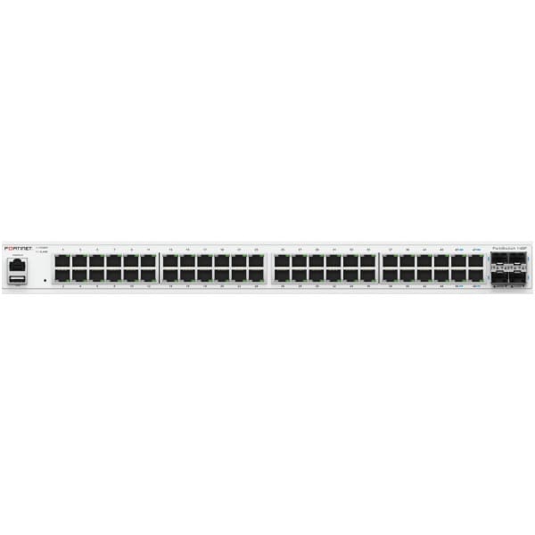 Fortinet FortiSwitch-148F is a performance/price competitive L2+ management switch with 48x GE port + 4x SFP+ port + 1x RJ45 console