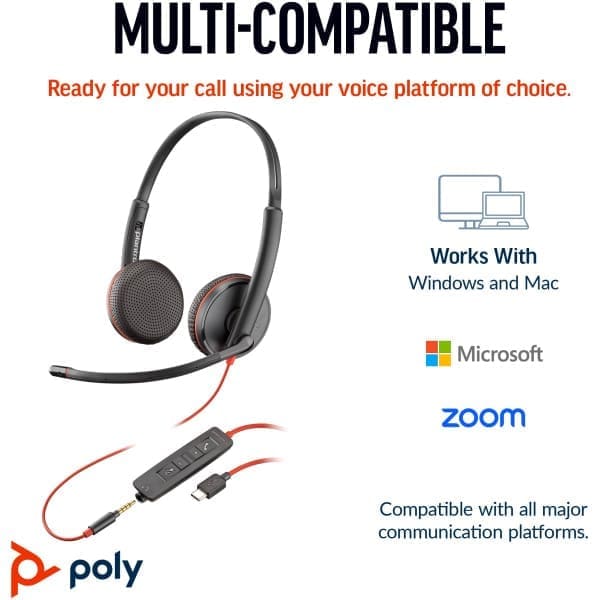 POLY Blackwire 3225 Stereo USB-C Headset +3.5mm Plug +USB-C/A Adapter