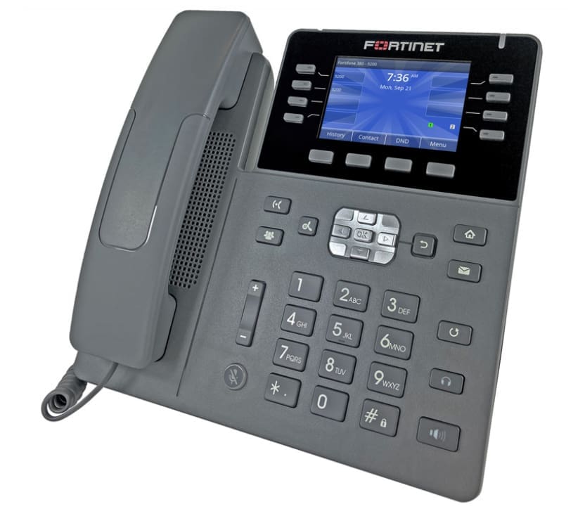 Fortinet FortiFone Mid range IP Phone with 3.5"color screen, 28 programmable keys, PoE and 10/100/1000 LAN and PC connections.