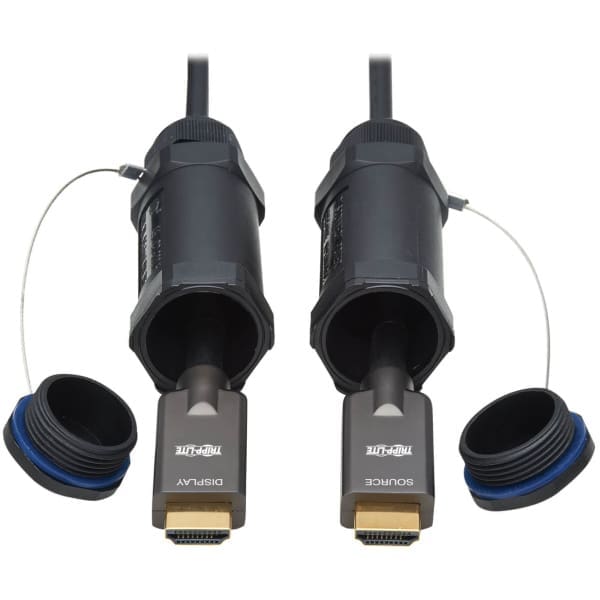 Tripp Lite P568FA-100M-WR High-Speed Armored HDMI Fiber Active Optical Cable (AOC) with Hooded Connectors and Reel - 4K @ 60 Hz, HDR, IP68, M/M, Black, 100 m (328 ft.)