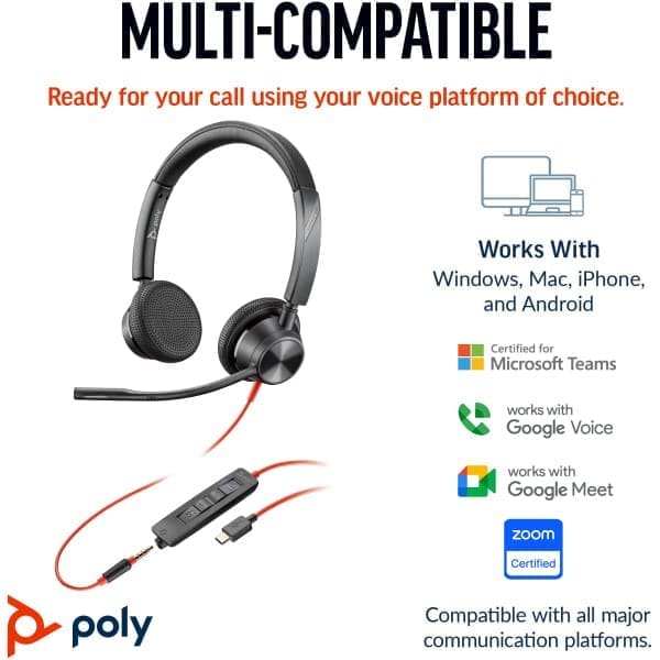 POLY Blackwire 3325 Stereo USB-C Headset +3.5mm Plug +USB-C/A Adapter